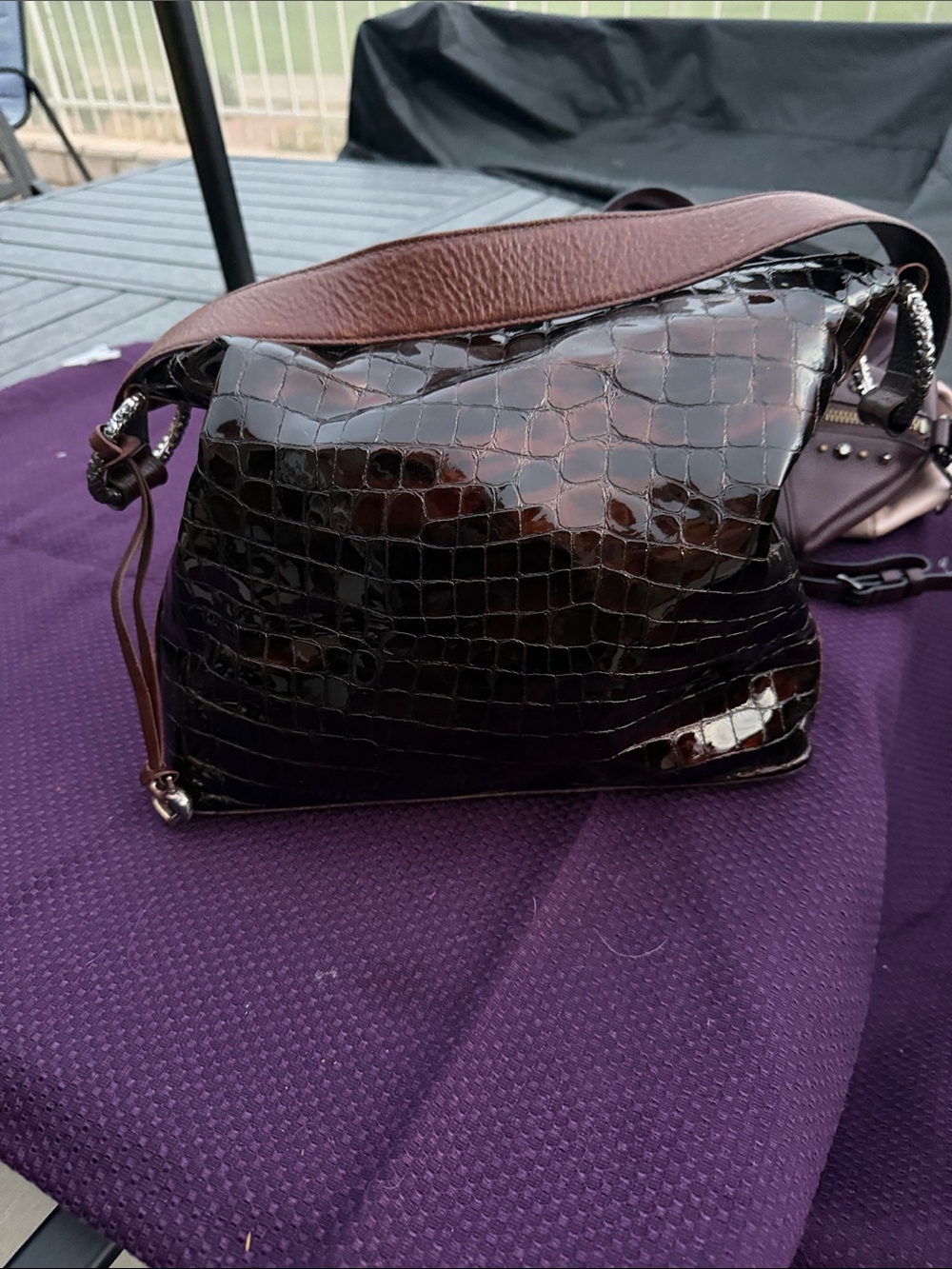 Women’s Patent Croc-Embossed Shoulder Bag in Dark Brown by Brighton with leather